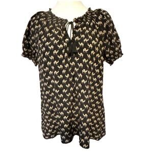 Joie 100% Silk Blouse Top Women's Size Medium Black Camel Print Key Hole Tassels